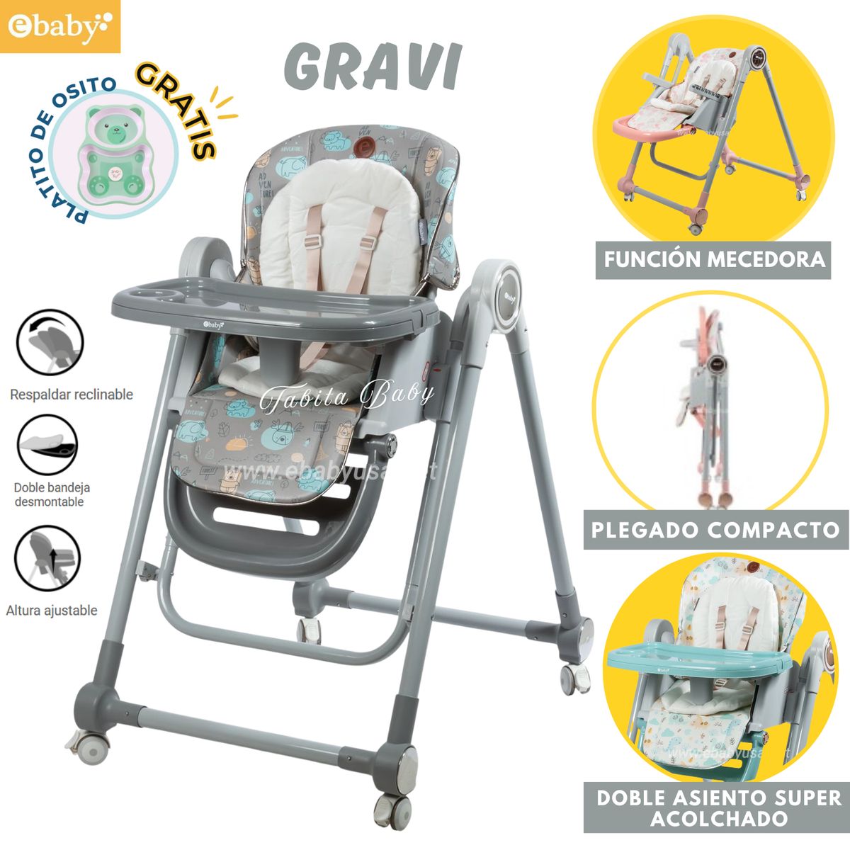 EBABY - Silla de comer Gravi Plegable con mecedora Gris