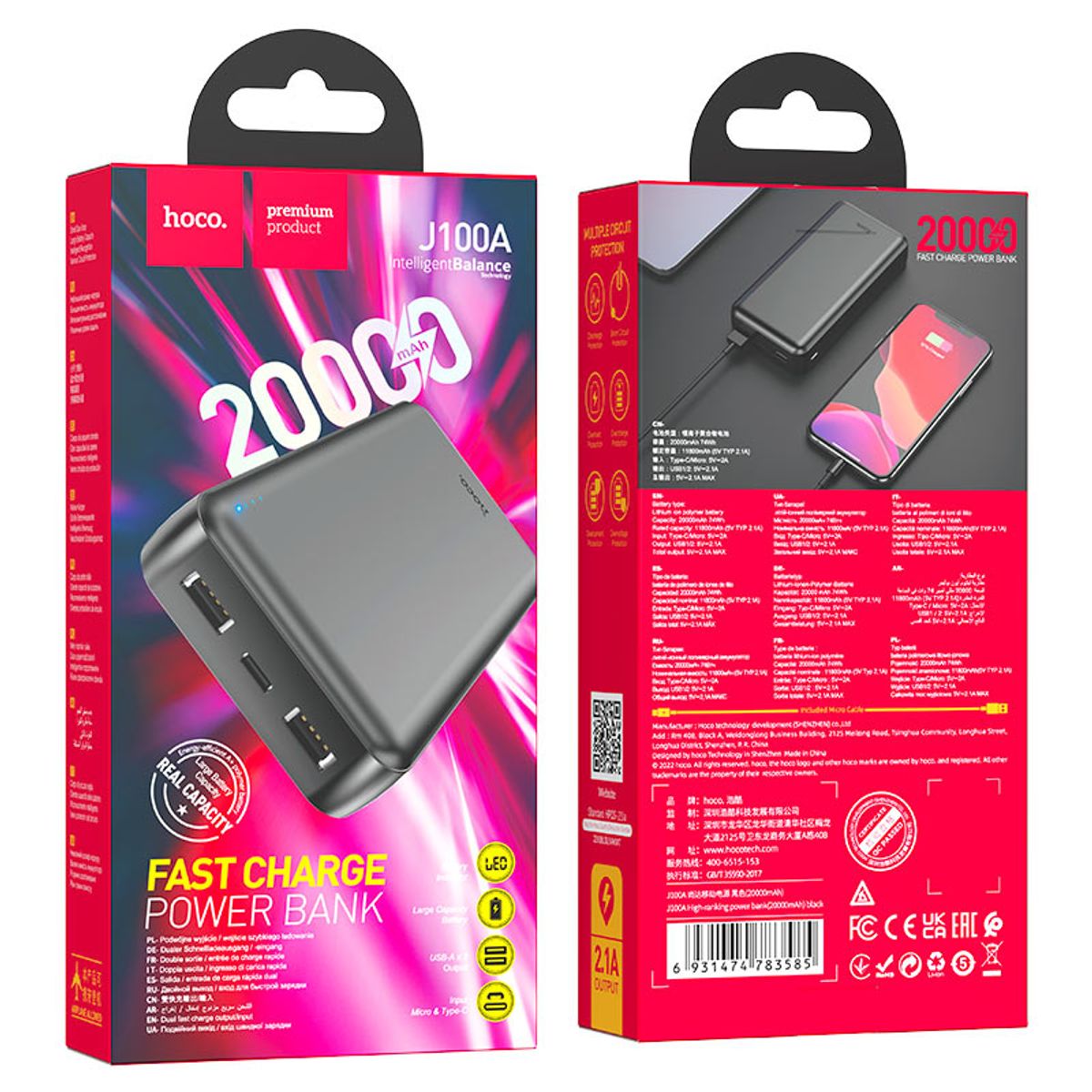 HOCO - Cargador Portatil PowerBank Hoco 20000 mAh J100A - Negro