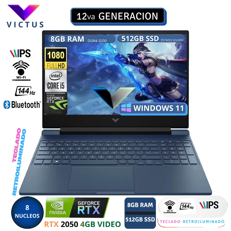 HP - Laptop HP Victus 15-fa1005la Core I5 12450H 8gb 512gb ssd 4g RTX 2050 15.6 FHD 144HZ Window 11