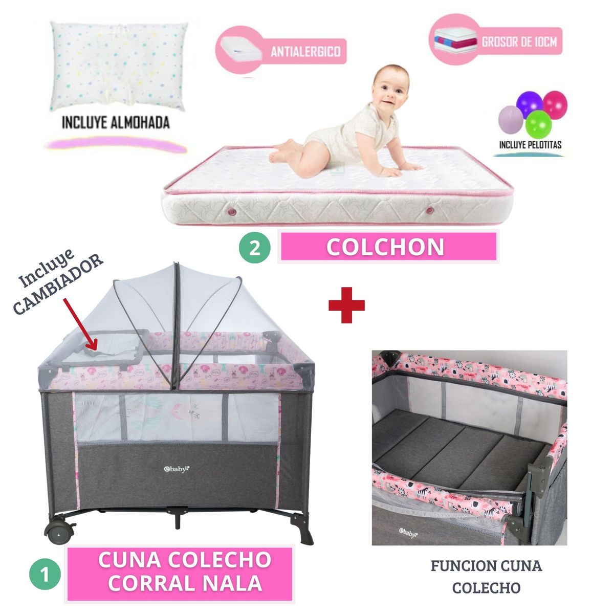 EBABY - Cuna Colecho NALA Rosado hot mas COLCHON