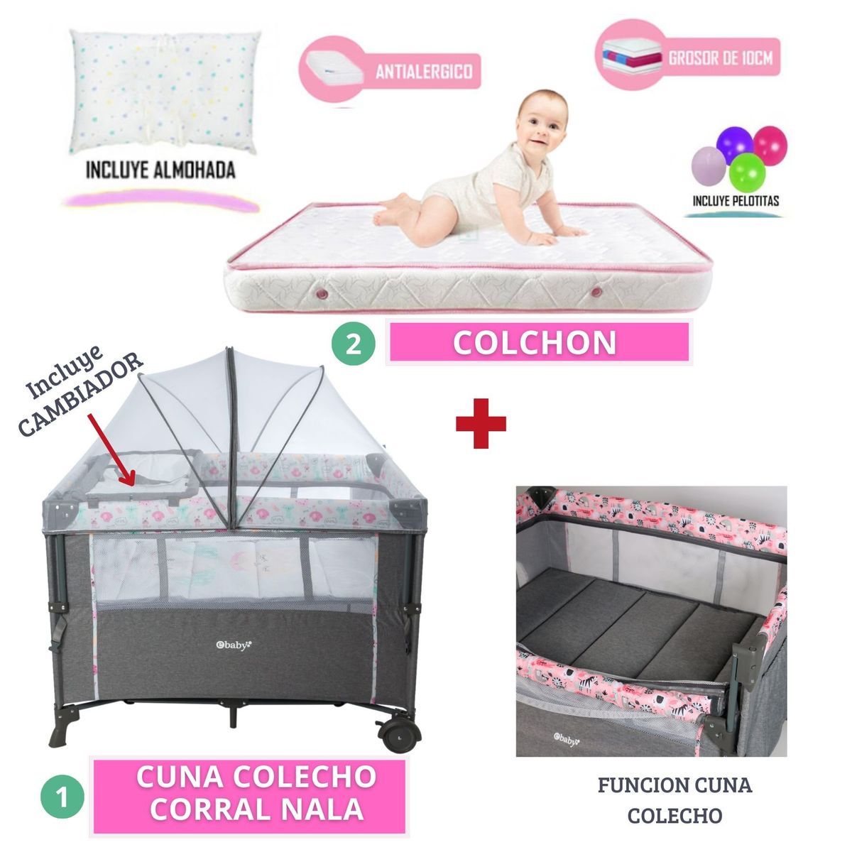 EBABY - Cuna Colecho NALA rosado light mas COLCHON