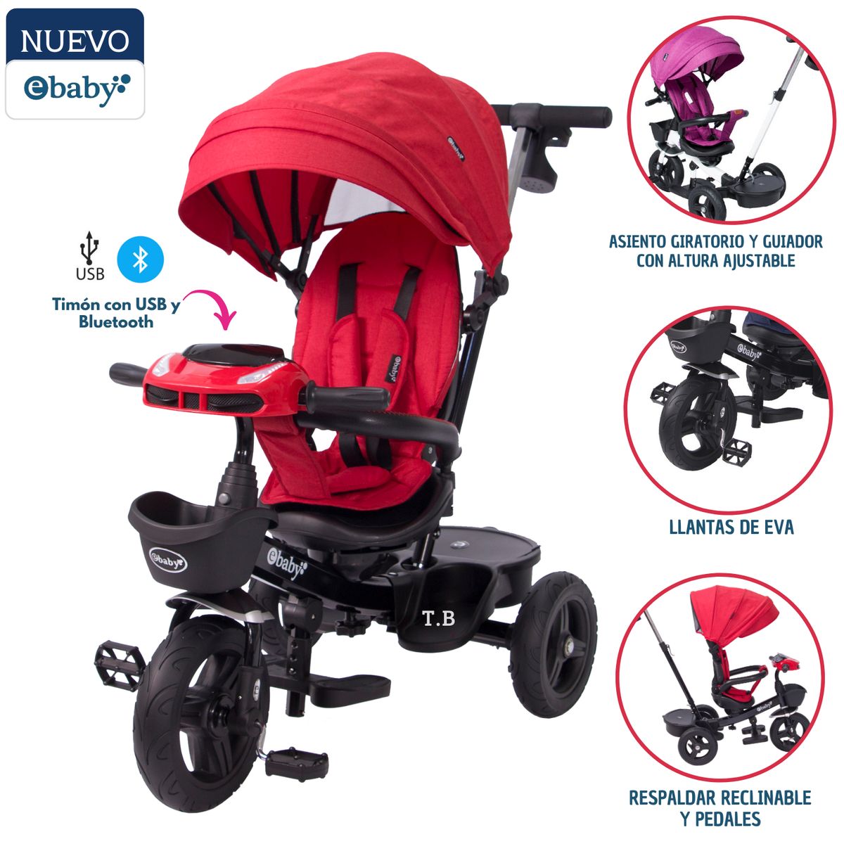EBABY - Triciclo Aria Reclinable giratorio 360º Rojo