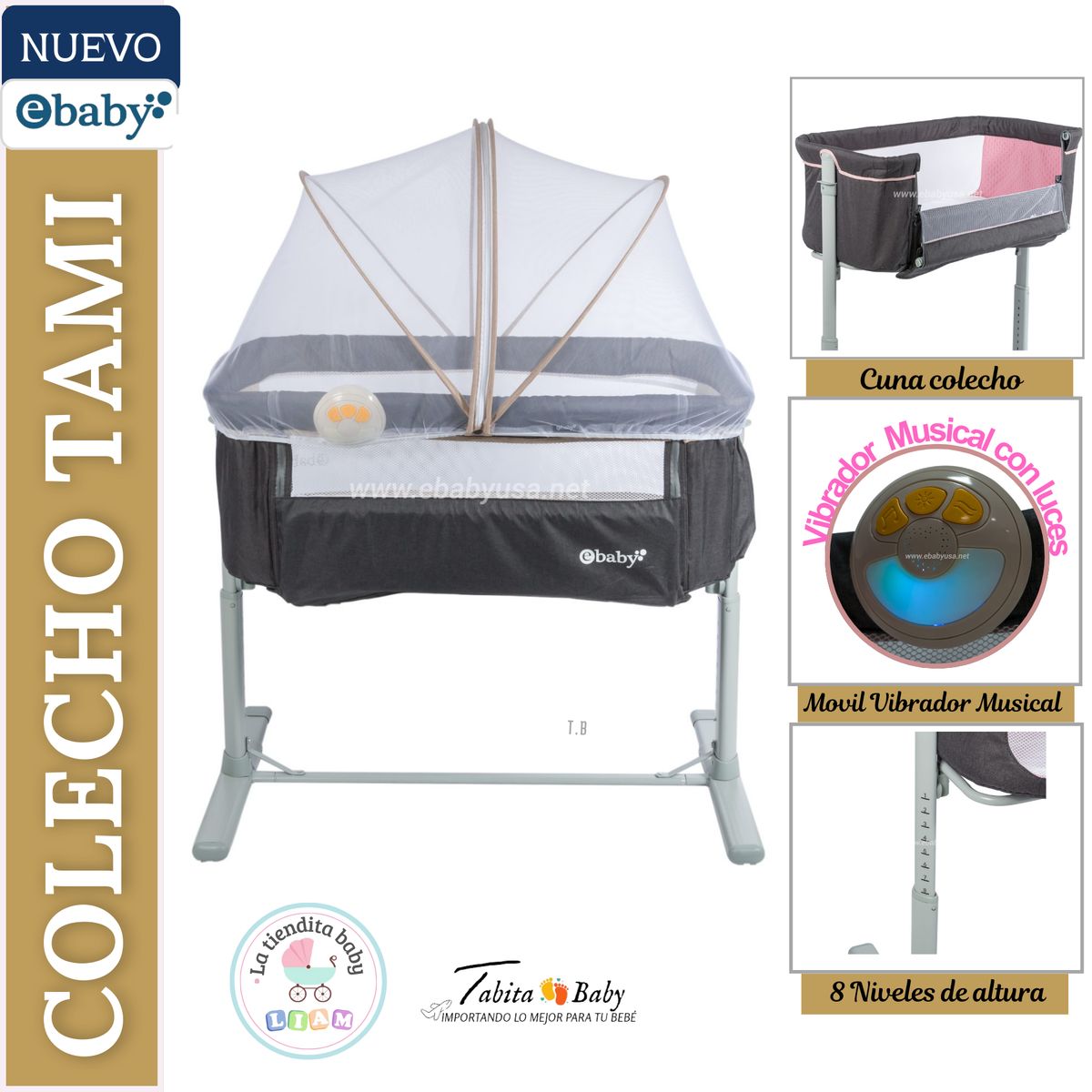 EBABY - Cuna Colecho Musical y vibrador Tami Beige