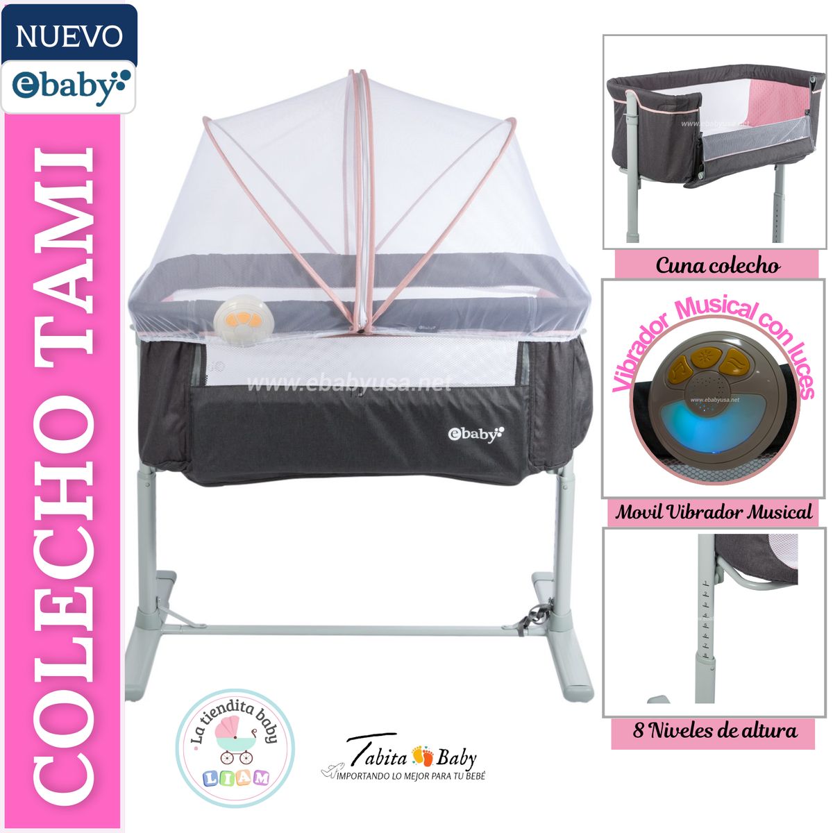EBABY - Cuna Colecho Musical y vibrador Tami Rosado