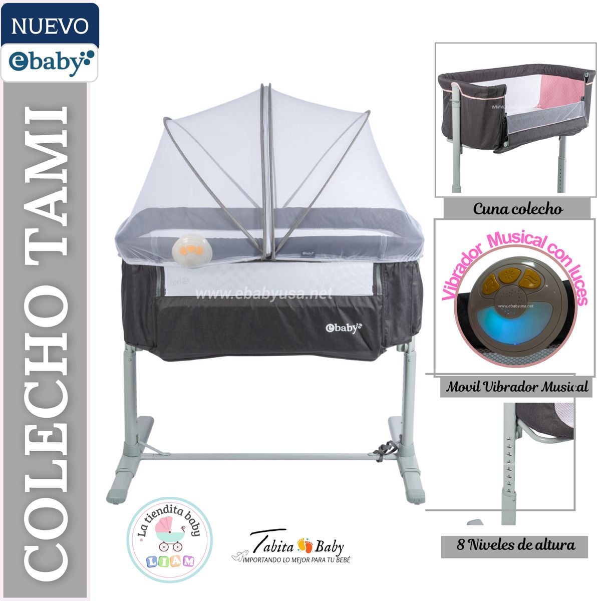 EBABY - Cuna Colecho Musical y vibrador Tami Gris
