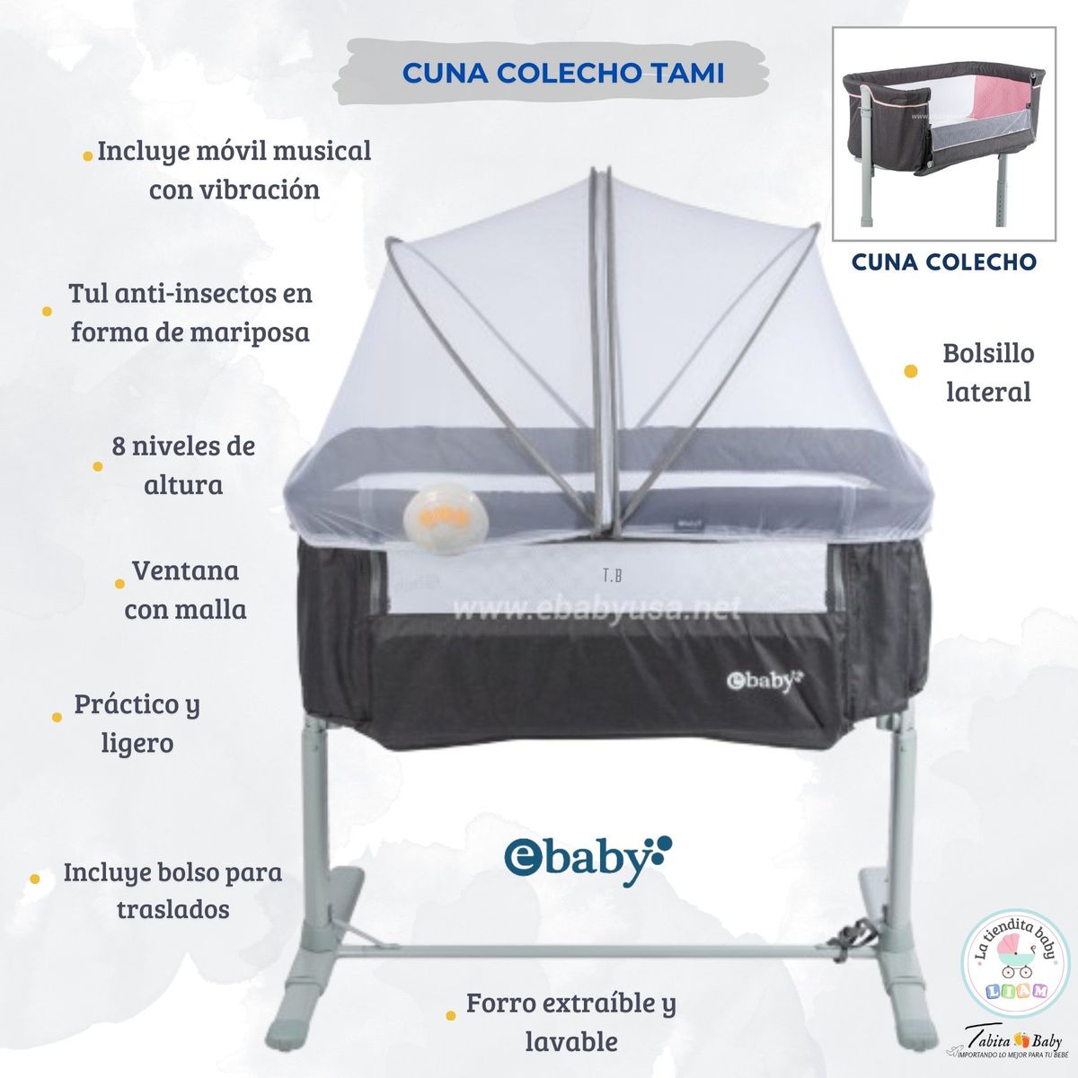 EBABY - Cuna Colecho Musical y vibrador Tami Gris