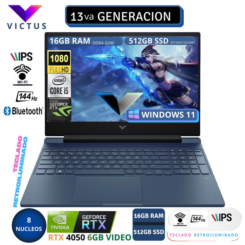 HP - LAPTOP HP VICTUS 15-FA1082WM CORE I5 13420H 16GB RAM DDR4 512GB SSD 6GB RTX4050 156 FHD