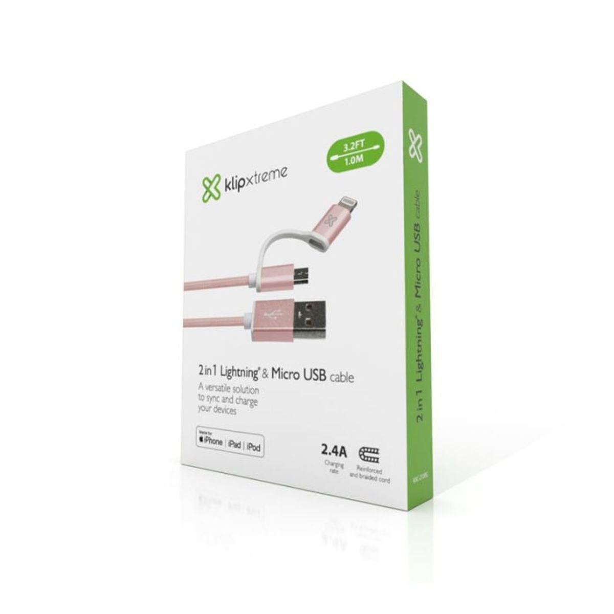 KLIP XTREME - Cable 2 En 1 Klip Xtreme KAC-210RG Con Conector Lightning Rose Gold