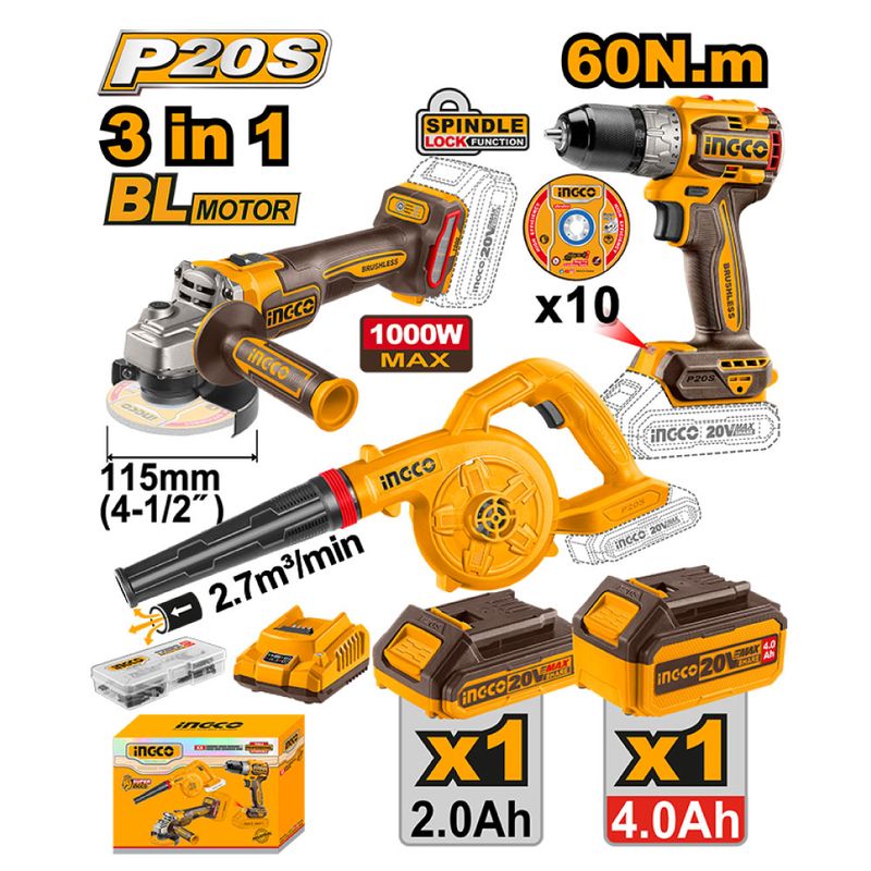 INGCO TOOLS - KIT ATORNILLADOR 20V INGCO + AMOLADORA 4 1/2'' + SOPLADORA COSLI241192