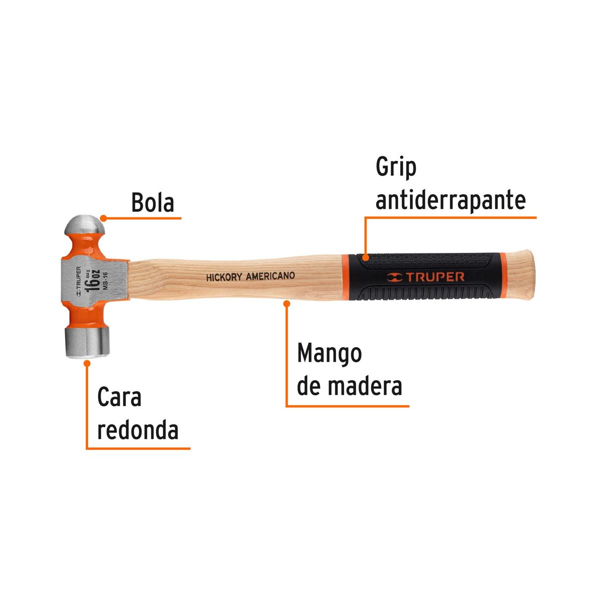 TRUPER - Martillo Pulido de Bola 16 oz Mango Hickory