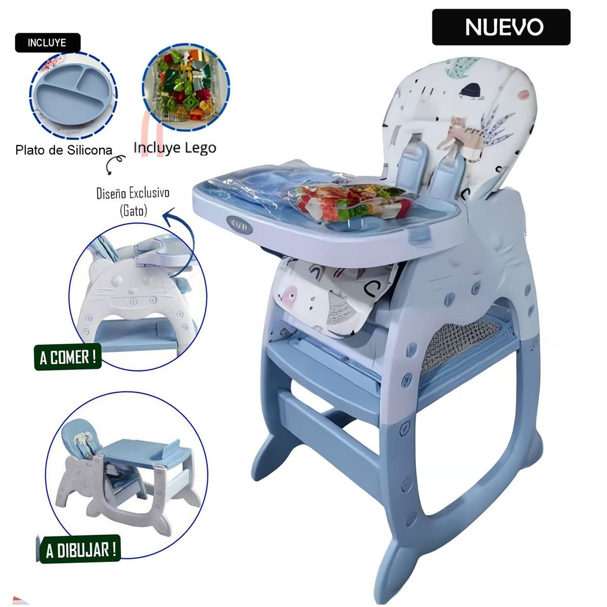 HI BABY - Silla Carpeta Hi Baby Gato 3 en 1 con Plato y Lego Azul