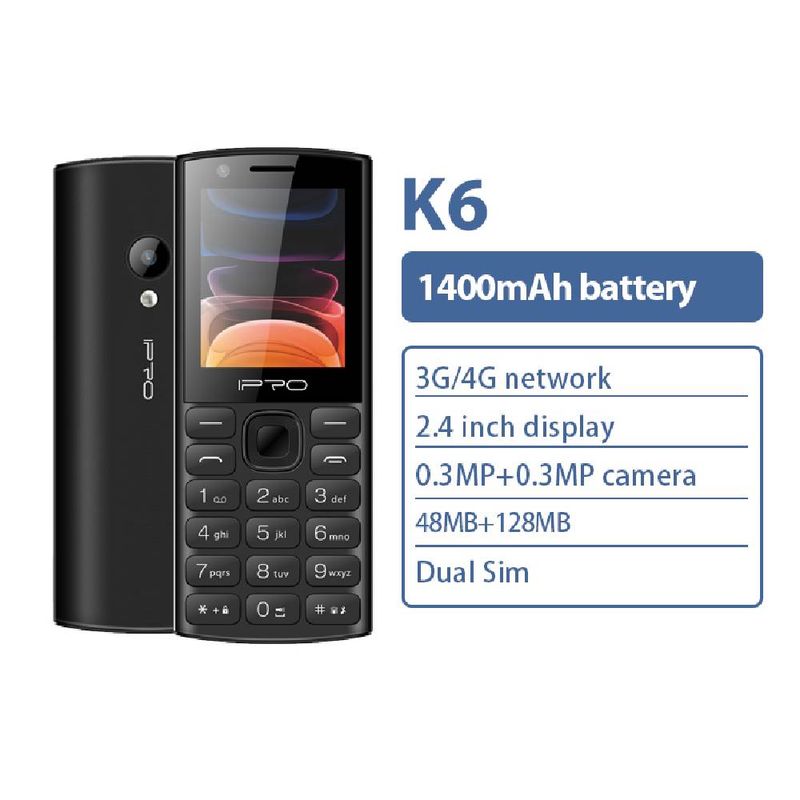 IPRO - iPro K6 El Celular Básico 4G con Dual SIM Batería Duradera y Doble Camara Negro