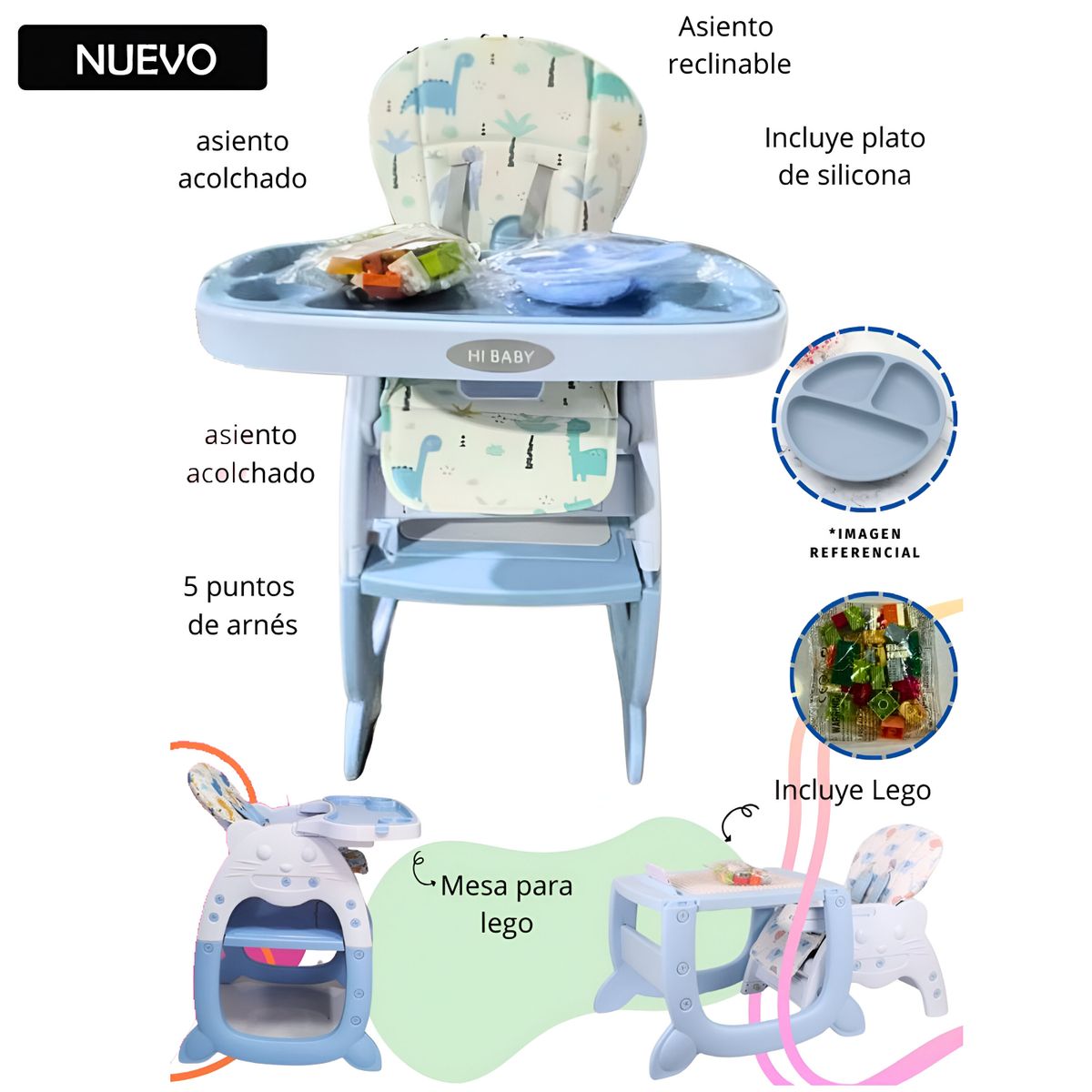 HI BABY - Silla Carpeta Hi Baby Gato 3 en 1 con Plato y Lego Celeste