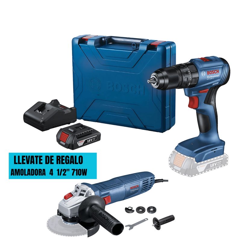 BOSCH - Taladro Percutor Bosch GSB 185-LI 18V + 1 Bateria + Amoladora GWS 700