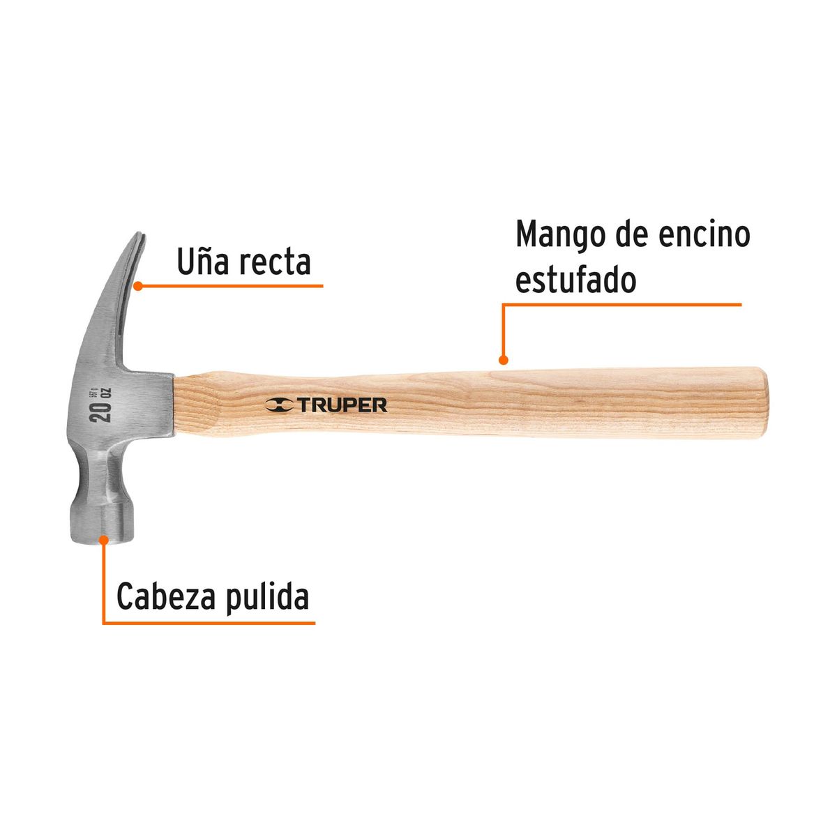 TRUPER - Martillo 20 oz Uña Recta, Mango Madera