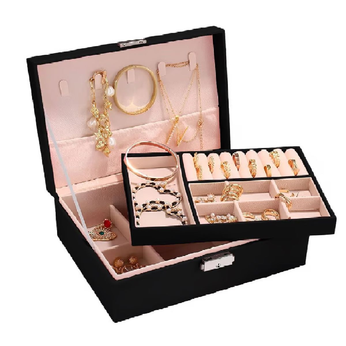 GENERICO - Joyero 2 Niveles Organizador De Joyas Con Cerradura