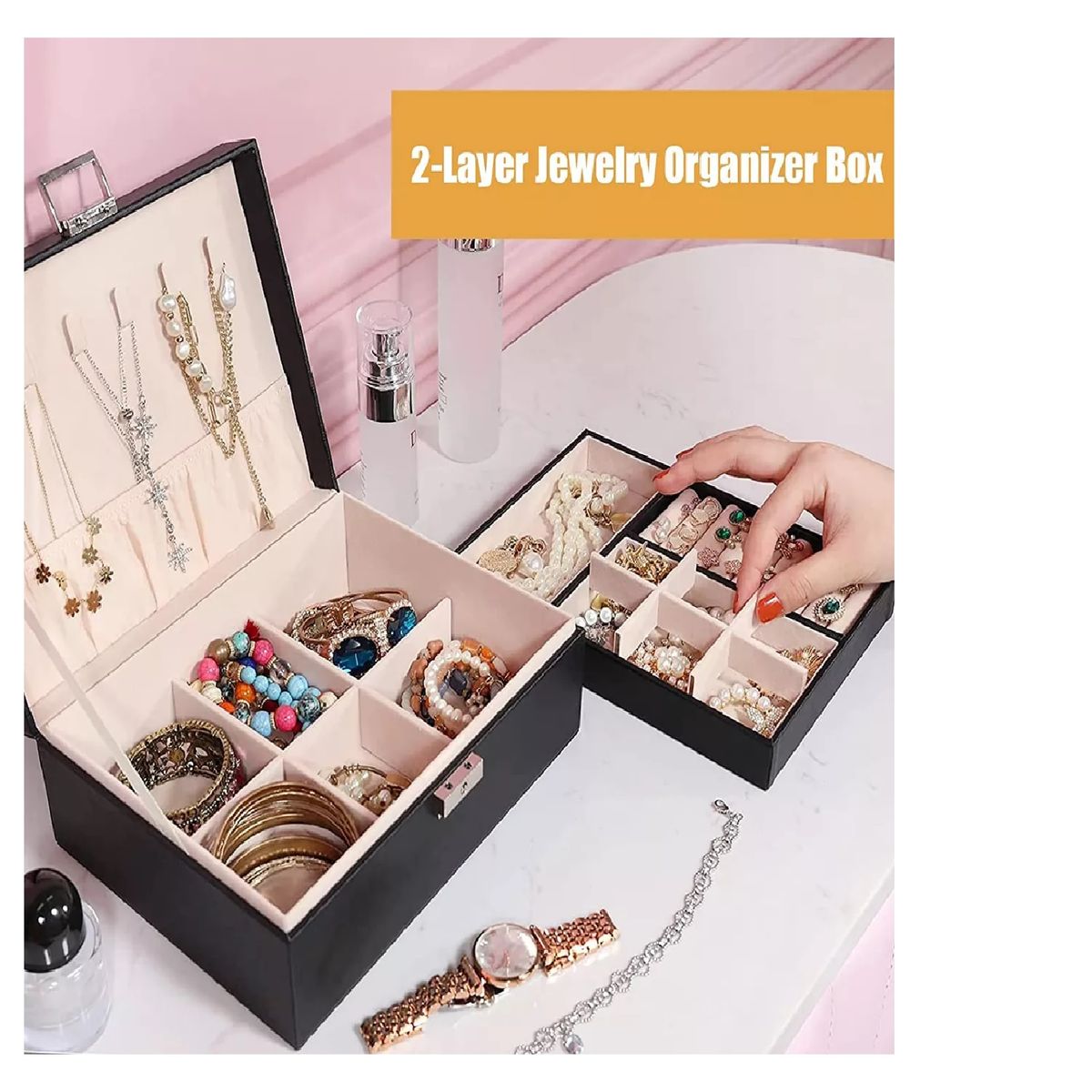 GENERICO - Joyero 2 Niveles Organizador De Joyas Con Cerradura