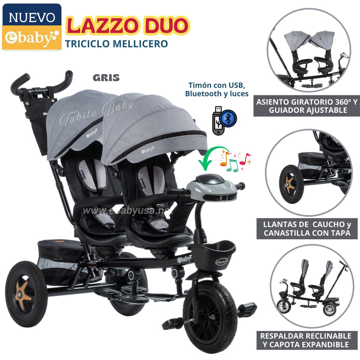 EBABY - Triciclo Guiador Gemelar Lazzo Gris