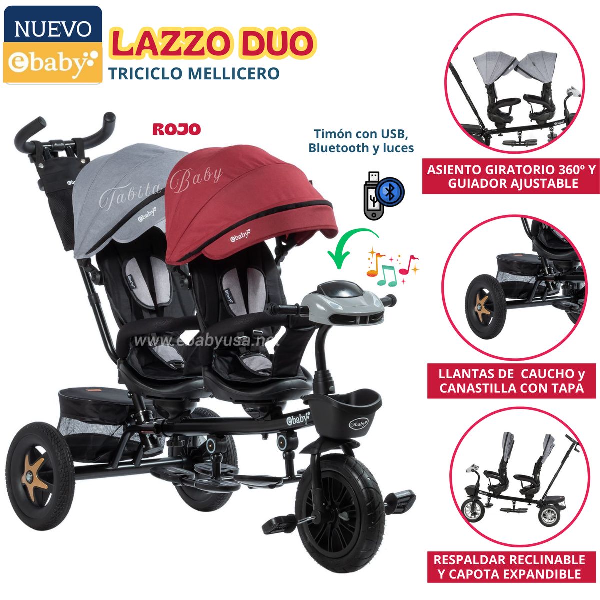 EBABY - Triciclo Guiador Mellicero Lazzo Rojo Ebaby