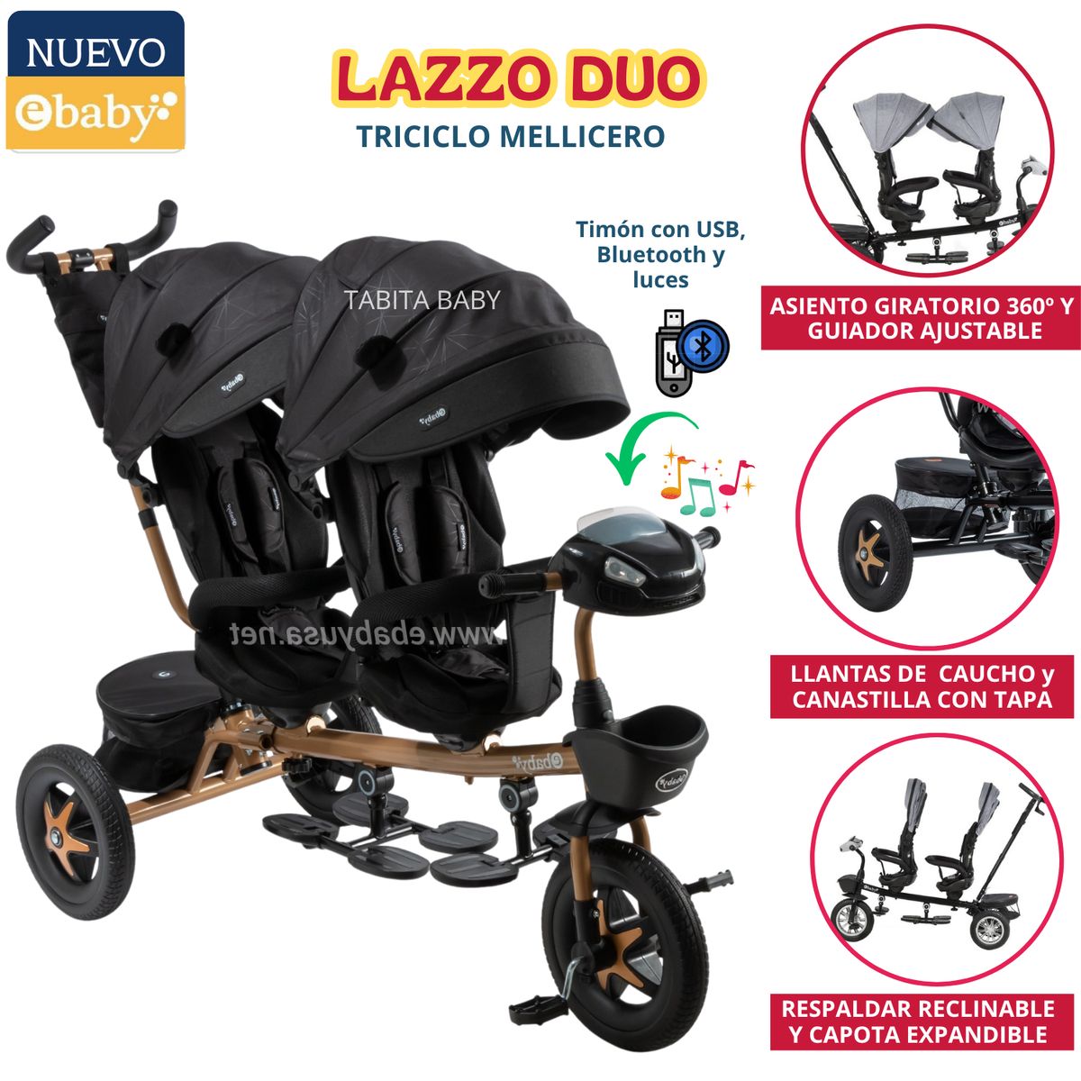 EBABY - Triciclo Guiador Mellicero Lazzo Negro Ebaby