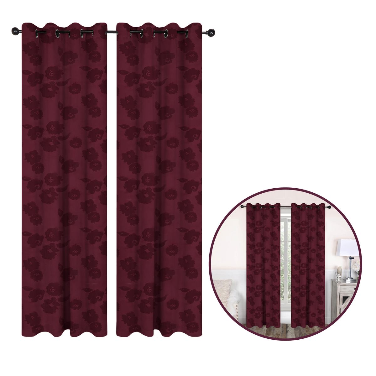 BUYPAL - Cortina Blackout Sala 140x240 cm en Poliéster Aro Metalico Vino