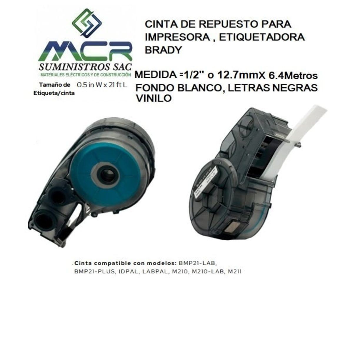 GENERICO - CINTA BLANCO DE 12MM O 1 /2" X 6.4M DE LARGO PARA ETIQUETADOR BRADY