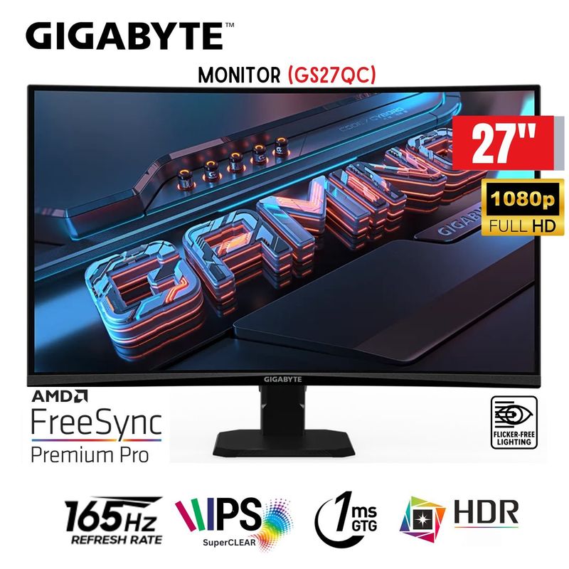 GIGABYTE - Monitor Curvo Gigabyte GS27QC 27 Pulg QHD 165Hz FreeSync y HDR