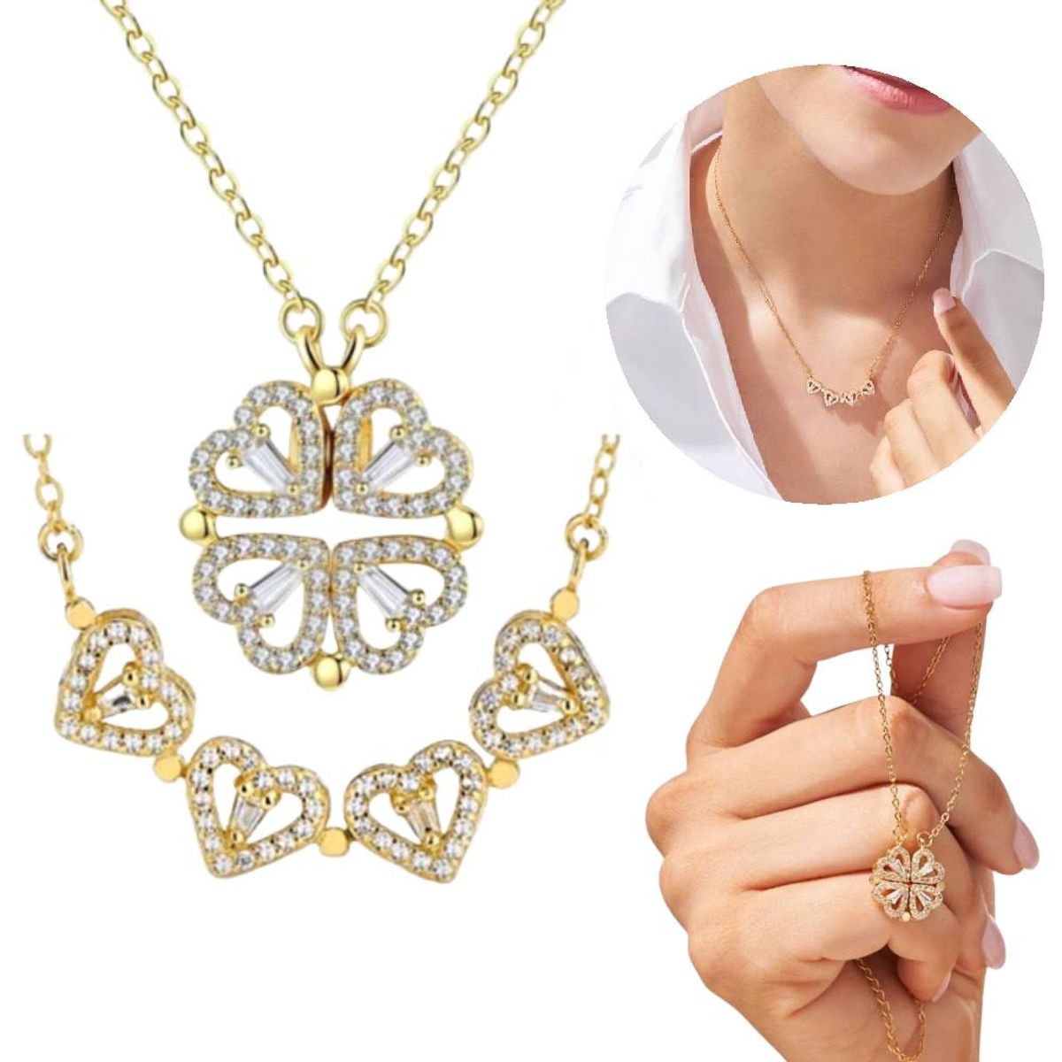 NO LOGO - Collar Trébol Doble Vista Corazón - Regalo Perfecto