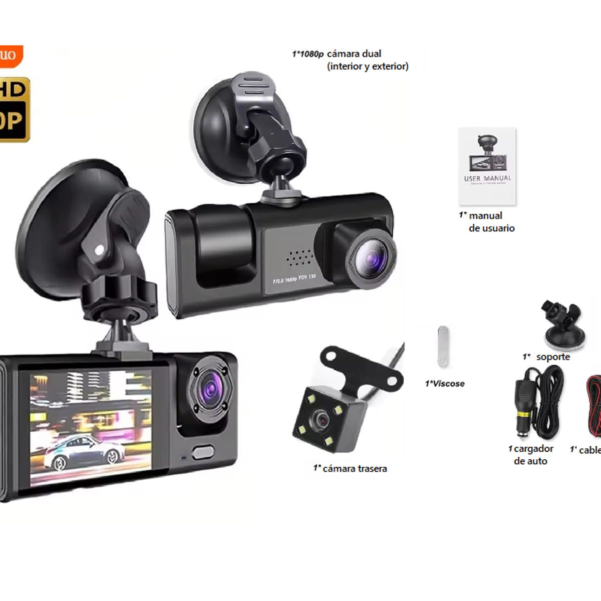 GENERICO - CAMARA GRABADORA DVR PARA VEHICULO DUAL DELANTERA Y TRACERA HD 1080P