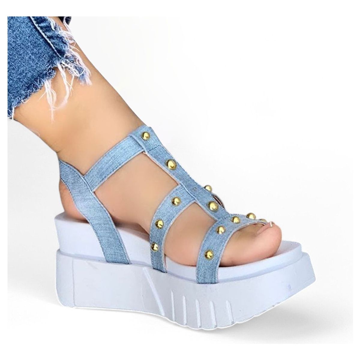 GENERICO - Sandalia Mujer Piedras Taco 7 Cm 2086L-55 Color Celeste