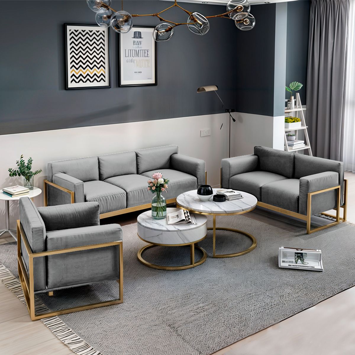 BARAKA HOME - Juego de sala 3 2 1 Luxury Lipkovo + Mesa de centro - Gris claro