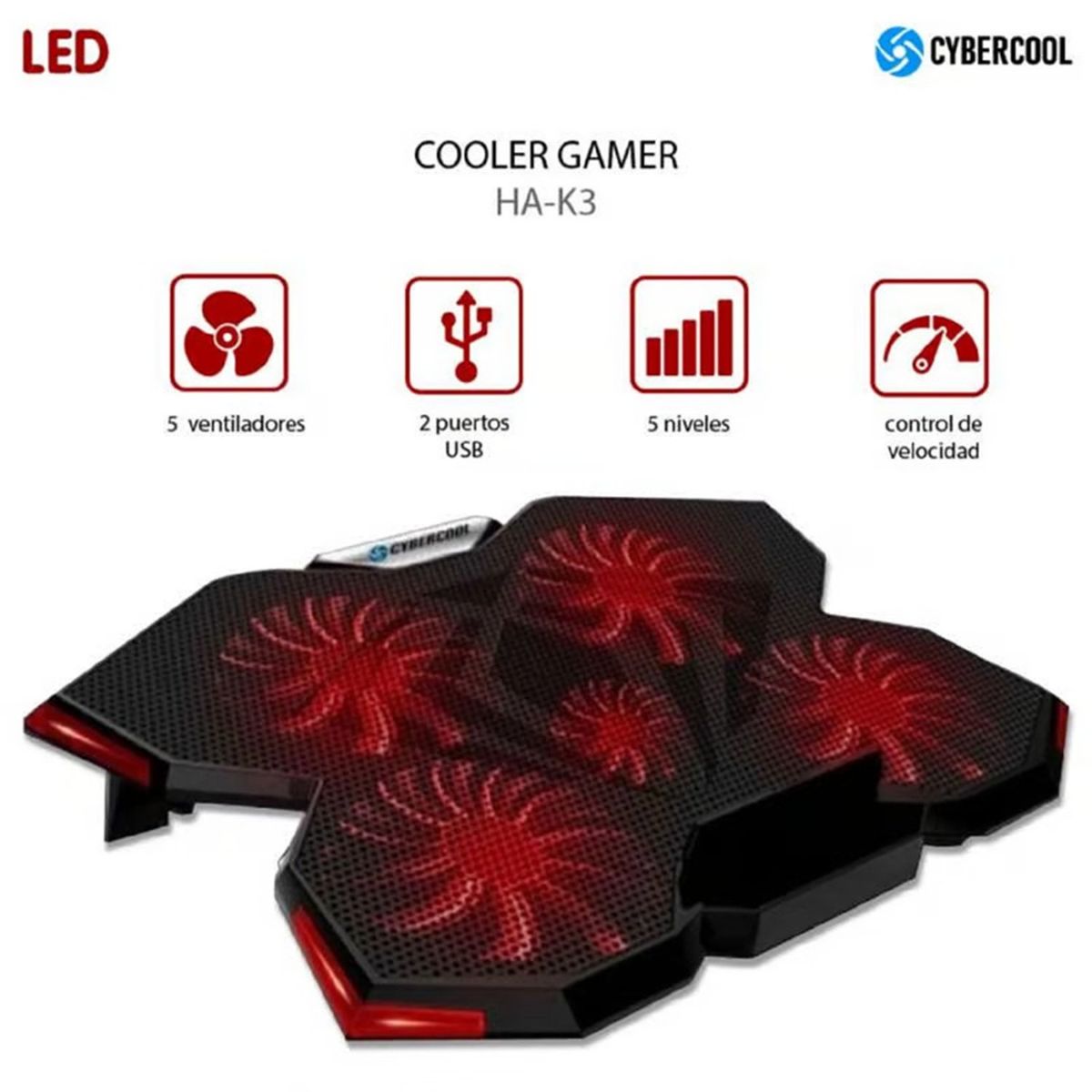 CYBERCOOL - Cooler Para Laptop Cybercool HA-K3 con 5 Ventiladores USB Led Rojo