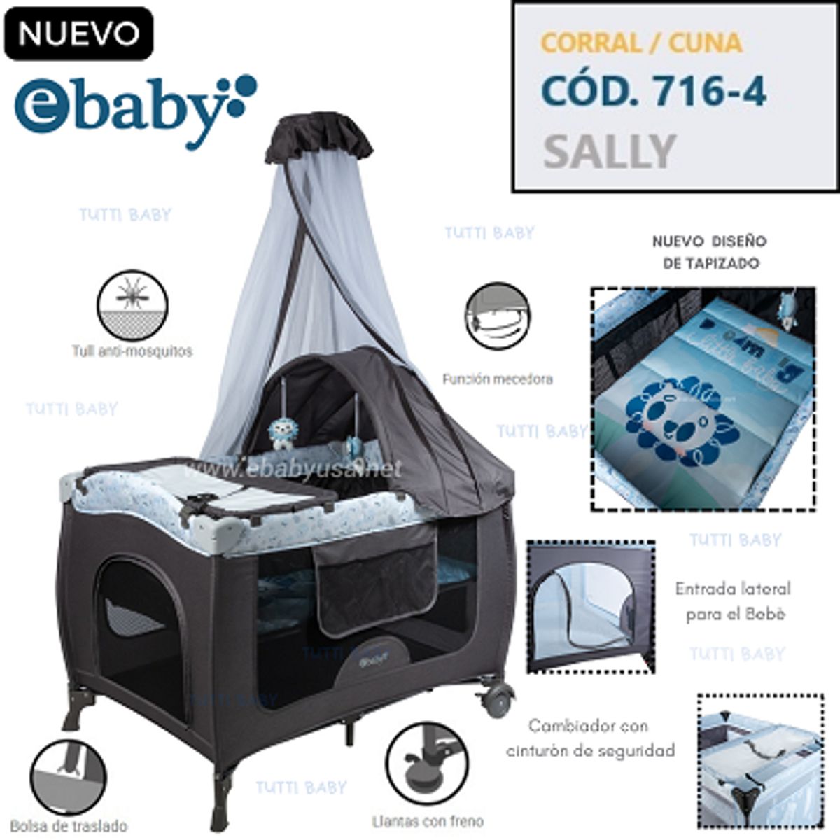 EBABY - CUNA CORRAL CON MECEDORA SALLY 716-4 - GRIS AZUL
