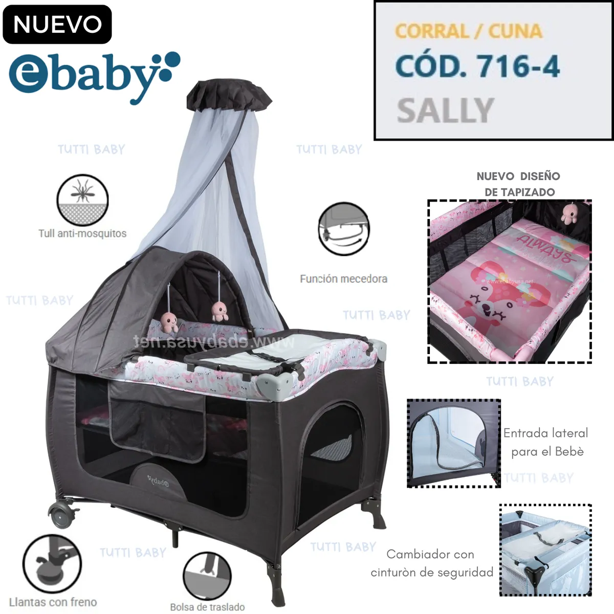 EBABY - CUNA CORRAL CON MECEDORA SALLY 716-4 - GRIS ROSADO