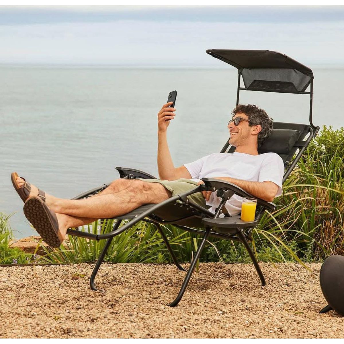 GENERICO - SILLA PLEGABLE GRAVEDAD CERO RECLINABLE PLAYA TERRAZA JARDÍN CAMPING CON SOMBRILLA Y BANDEJA PREMIUM