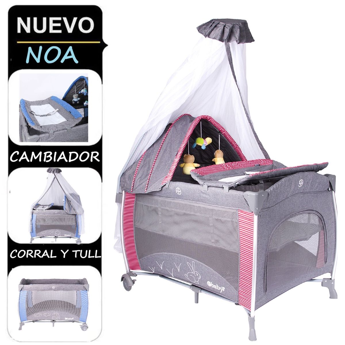 EBABY - Cuna Corral Noa con Cambiador y Tull antimosquito RJ