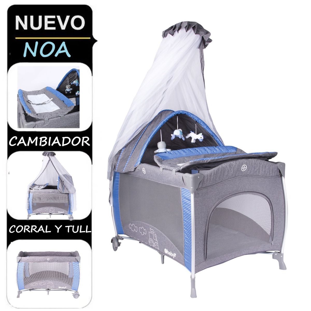 EBABY - Cuna Corral Noa con Cambiador y Tull antimosquito AZ