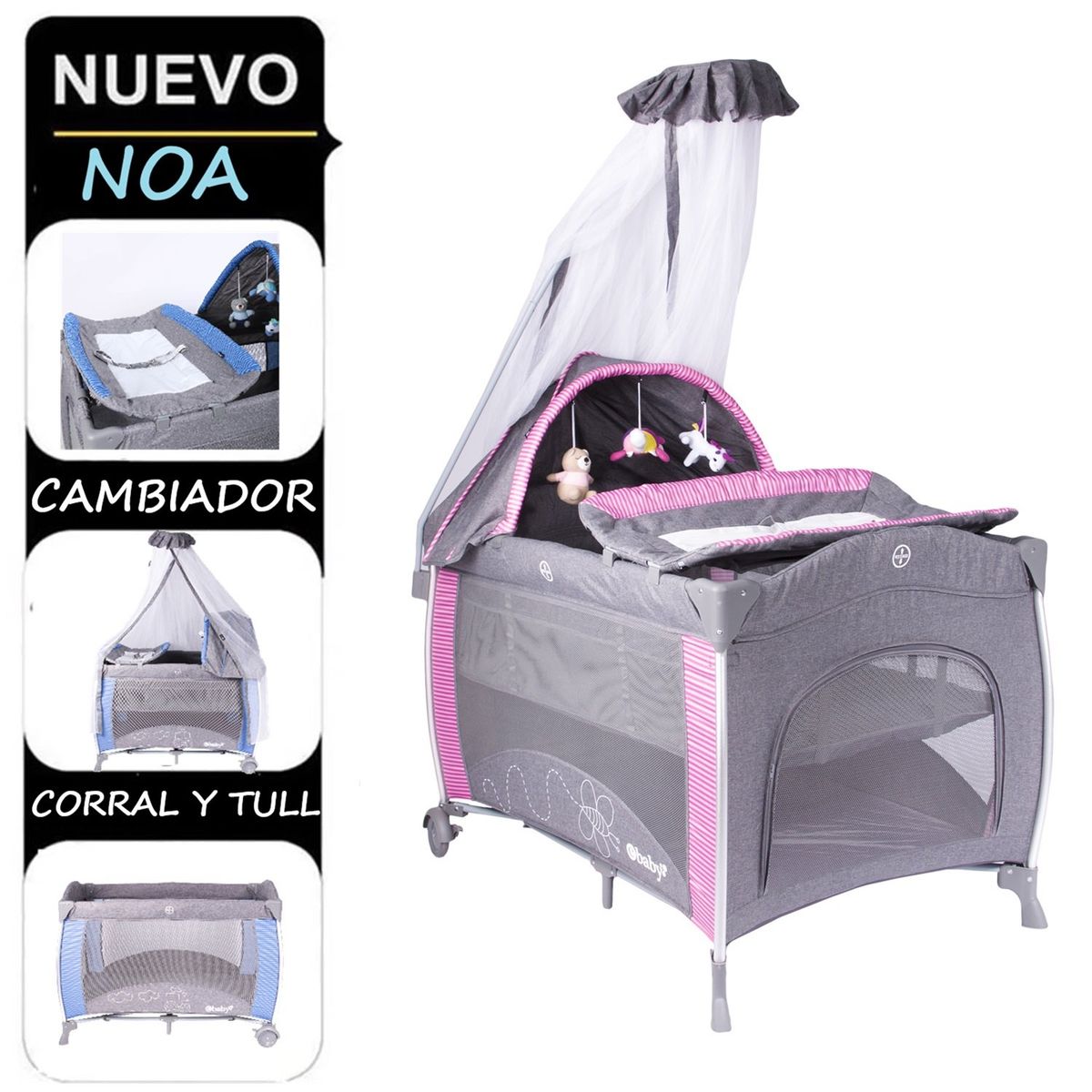 EBABY - Cuna Corral Noa con Cambiador y Tull antimosquito RS