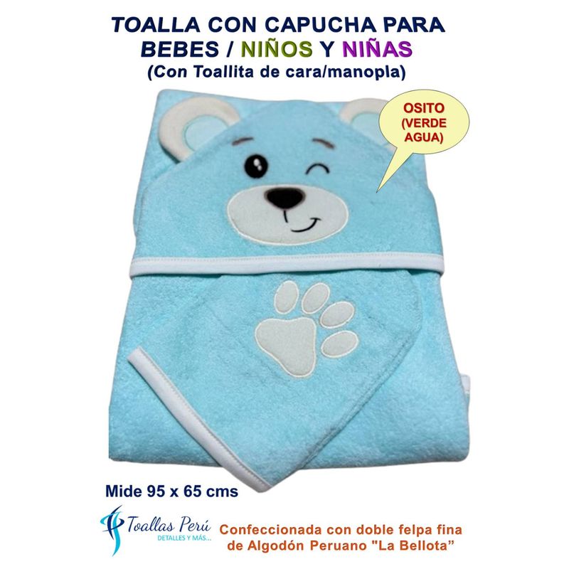 TOALLAS PERU DETALLES Y MAS - Toalla con Capucha Bebé-Niño Osito VA - 100% Algodón La Bellota