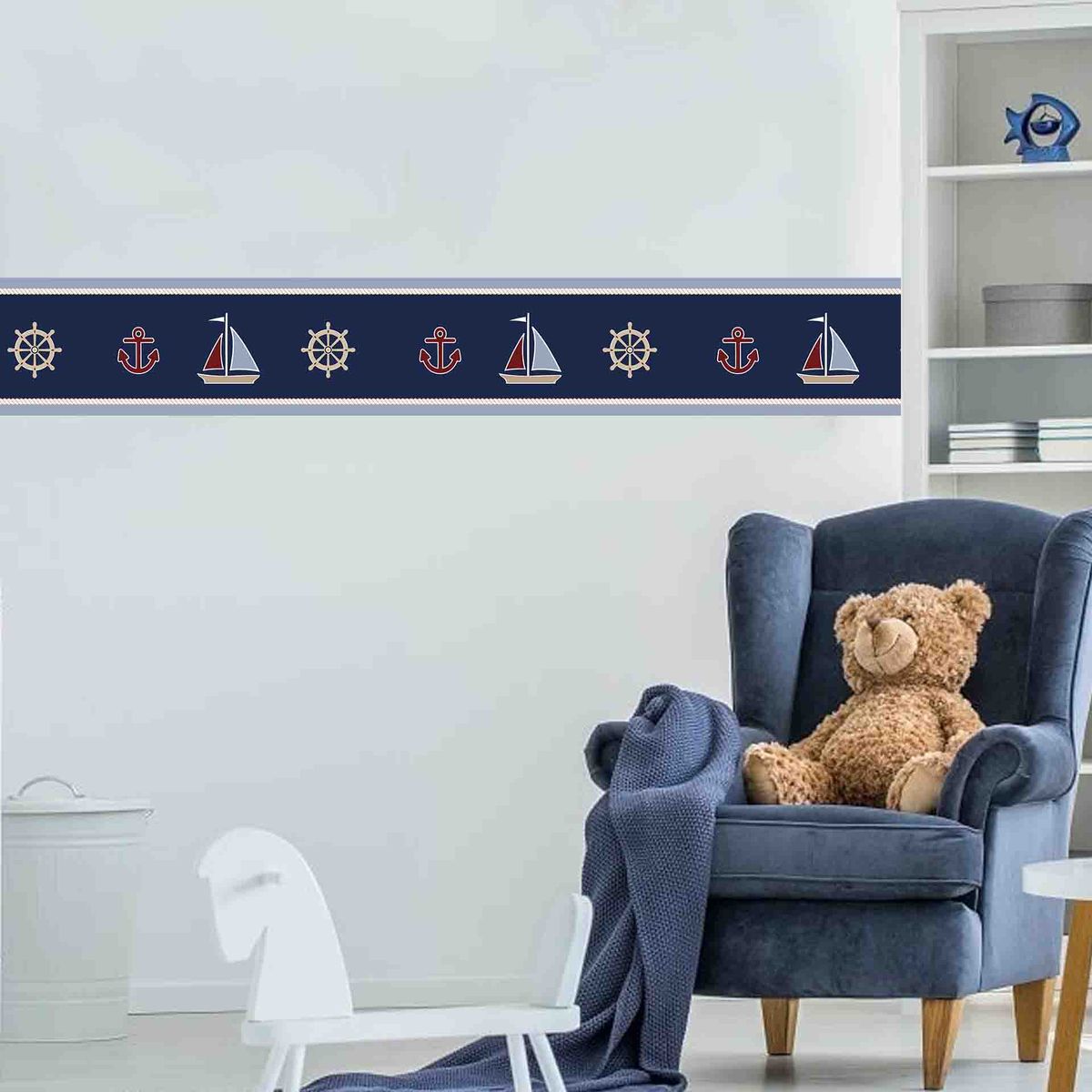 GENERICO - 5.9 mts de Cenefa Infantil autoadhesivo Barcos Azul