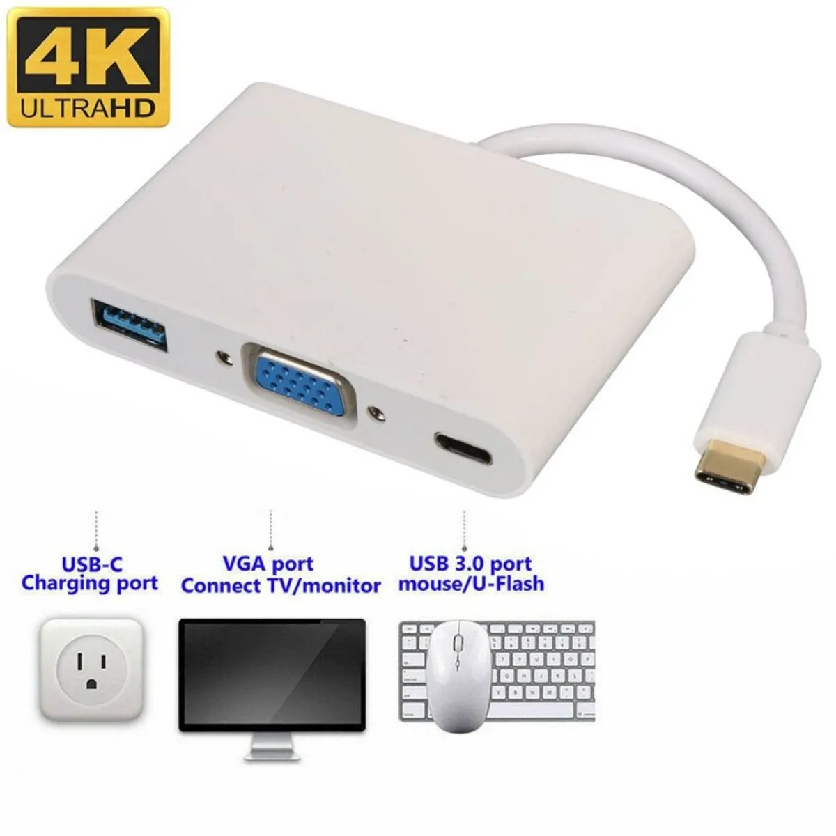 GENERICO - Adaptador Cable Tipo C a Vga Usb 3.0 Tipo C - 3 En 1