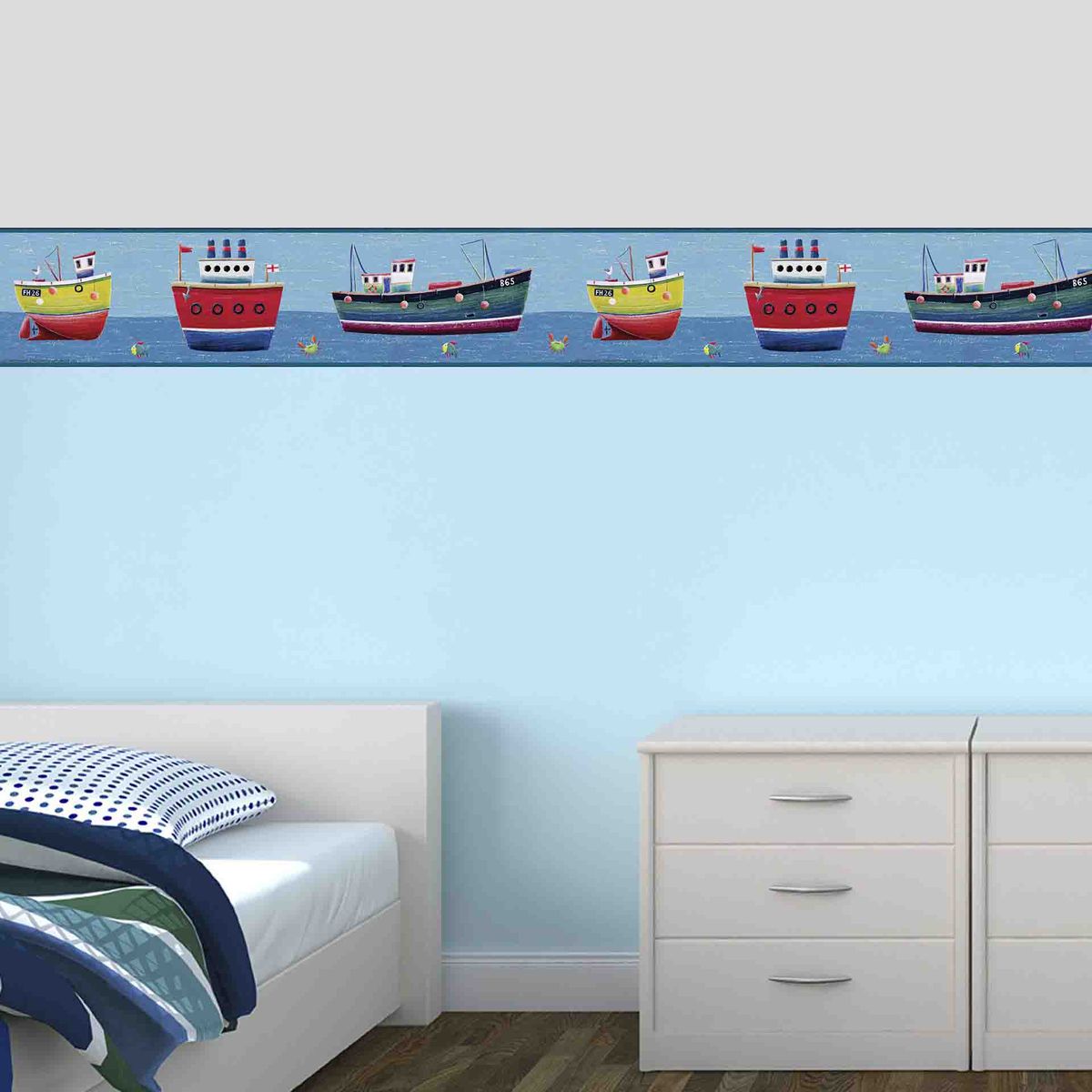 GENERICO - Cenefa Infantil Autoadhesiva para niños – Barcos en el mar – 5.92 mts