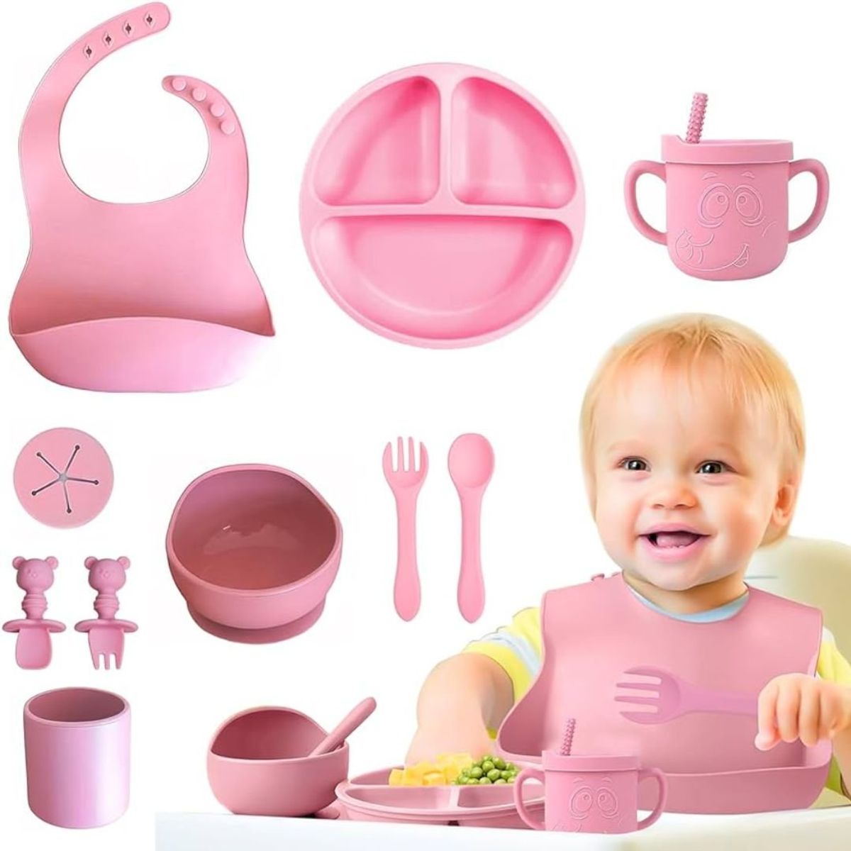 GENERICO - SET DE ALIMENTACIÓN CON CUCHARA SILICONA 5 PIEZAS ROSADO