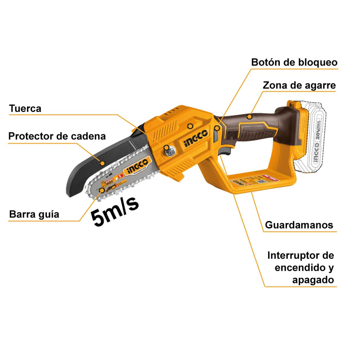 INGCO TOOLS - MINI MOTOSIERRA INGCO 20V 5" 13CM 5M/S + 1 BATERÍA 2.0AH CGSLI20581