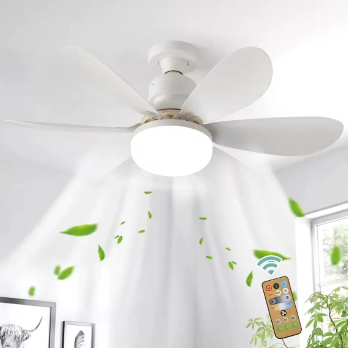 OEM - Foco Ventilador de Techo 5 Aspas Luz Fría/Cálida/Neutra + Control