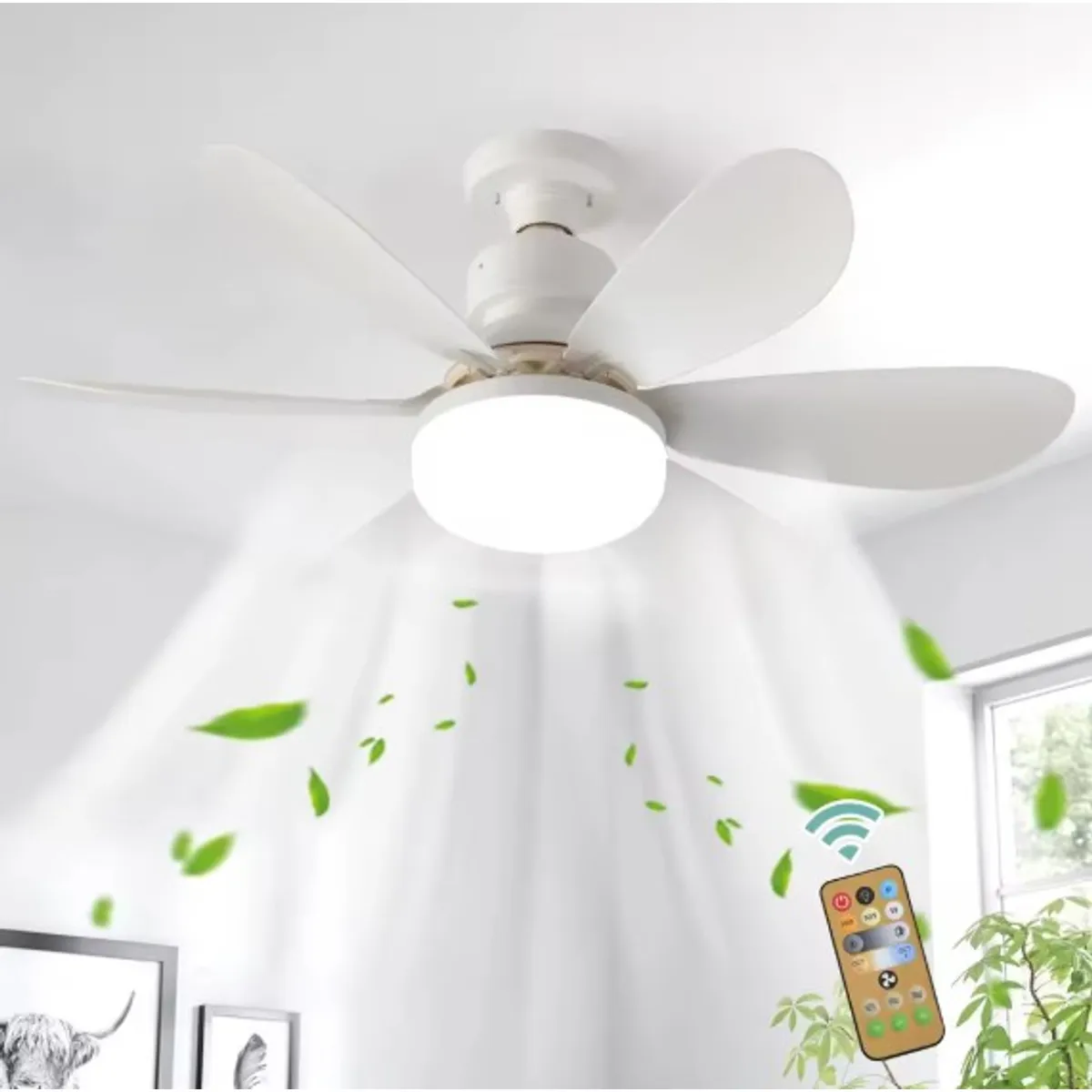 OEM - Foco Ventilador de Techo 5 Aspas Luz Fría/Cálida/Neutra + Control