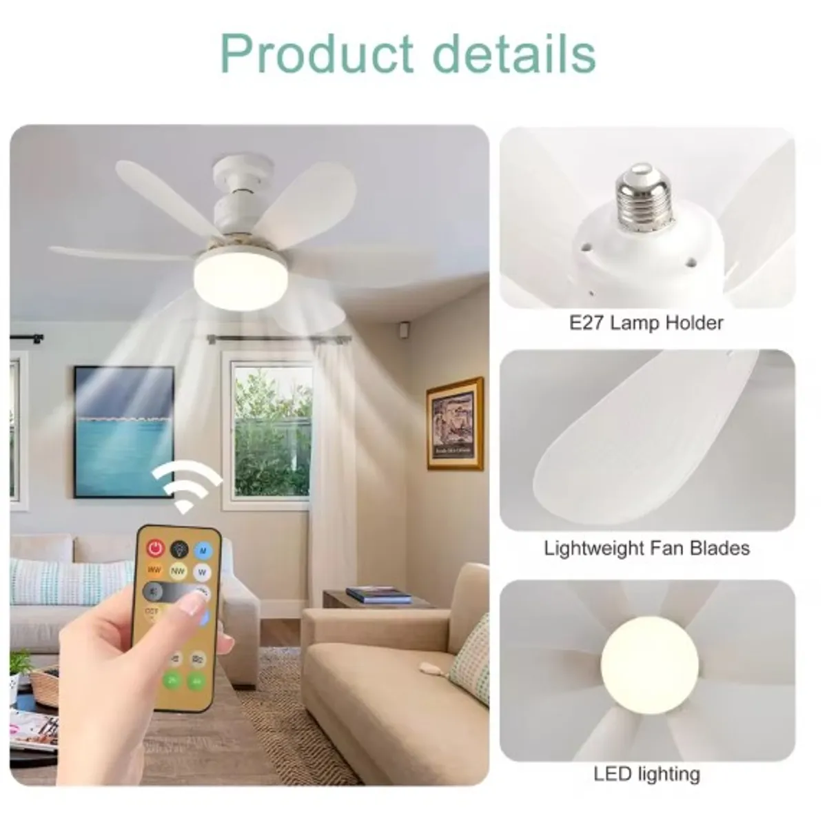 OEM - Foco Ventilador de Techo 5 Aspas Luz Fría/Cálida/Neutra + Control