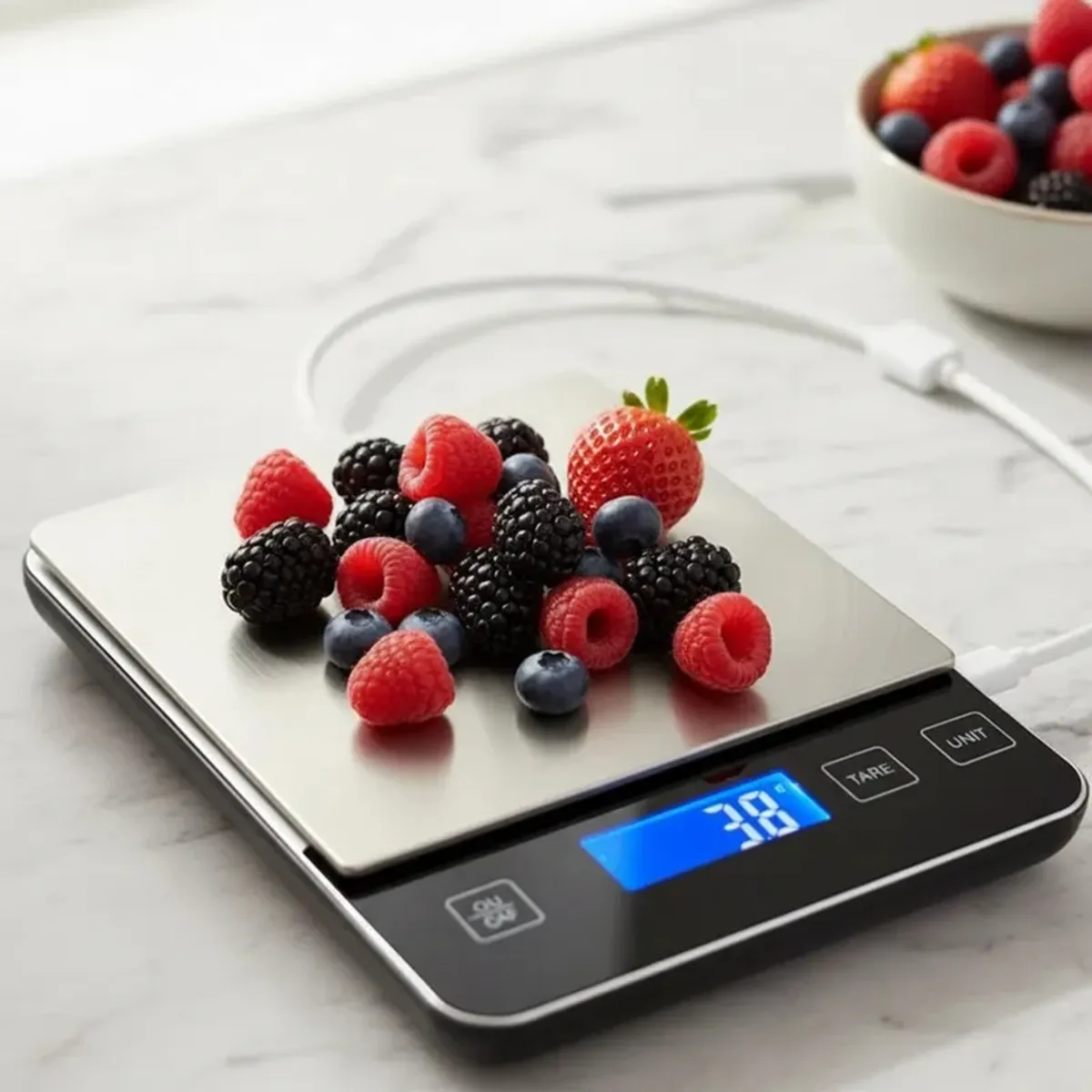 JPSYSTEMS - Balanza gramera acero inoxidable 10KG con botones táctiles a bateria y pilas AAA KF-72