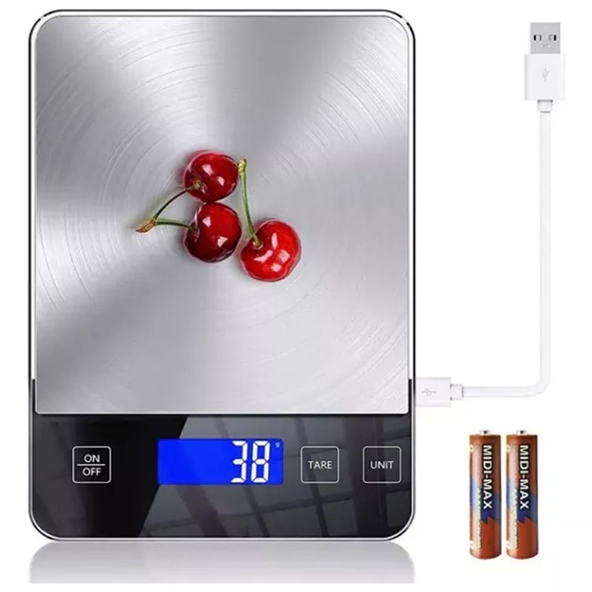 JPSYSTEMS - Balanza gramera acero inoxidable 10KG con botones táctiles a bateria y pilas AAA KF-72