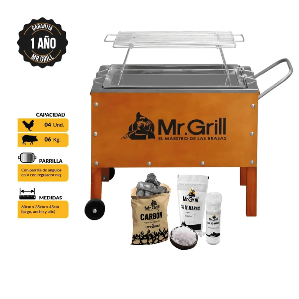 MR GRILL - Caja China Mediana Jr Mixta + Varillas + Carbón + Kit de sal de Maras